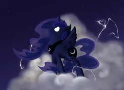 Size: 2338x1700 | Tagged: artist:pon-ee, cloud, derpibooru import, glowing eyes, princess luna, safe, solo