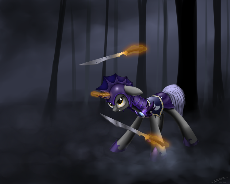 Size: 3500x2800 | Tagged: safe, artist:avastin4, derpibooru import, pony, unicorn, armor, fog, forest, magic, night, night guard, solo, sword, telekinesis