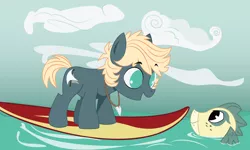 Size: 1500x902 | Tagged: artist:dbkit, baby dragon, derpibooru import, jewelry, necklace, oc, oc:hightide, offspring, parent:dumbbell, parent:rainbow dash, parents:dumbdash, safe, sea dragon, surfboard, unofficial characters only