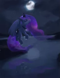 Size: 773x1000 | Tagged: artist:foxvanity, derpibooru import, eyes closed, flying, moon, night, princess luna, reflection, safe, solo, water