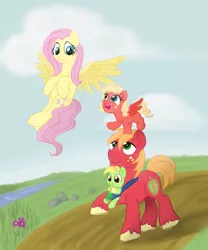 Size: 3306x3966 | Tagged: safe, artist:kaleysia, derpibooru import, big macintosh, fluttershy, oc, oc:cellini, oc:crispin, pony, baby, baby pony, colt, female, filly, fluttermac, male, offspring, parent:big macintosh, parent:fluttershy, parents:fluttermac, shipping, straight