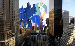 Size: 1920x1200 | Tagged: safe, artist:mattyhex, artist:santafer, artist:theotterpony, derpibooru import, princess celestia, princess luna, pony, giant pony, giantess, giantlestia, irl, macro, mega luna, new york, photo, ponies in real life