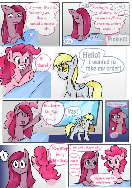 Size: 2480x3508 | Tagged: safe, artist:drhikari, derpibooru import, derpy hooves, pinkie pie, pegasus, pony, comic:dealing with depression, comic, female, food, mare, muffin, paper bag, pinkamena diane pie