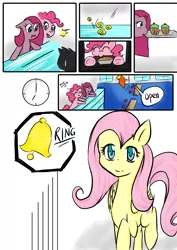 Size: 2480x3508 | Tagged: artist:drhikari, bits, clock, comic, comic:dealing with depression, cupcake, doorbell, fluttershy, food, pie, pinkamena diane pie, pinkie pie, safe