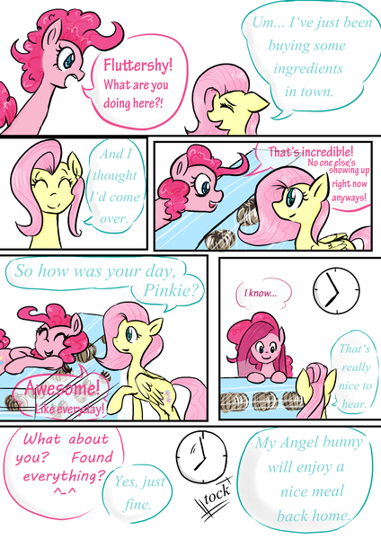 Size: 2480x3508 | Tagged: artist:drhikari, clock, comic, comic:dealing with depression, fluttershy, food, pastry, pinkamena diane pie, pinkie pie, safe