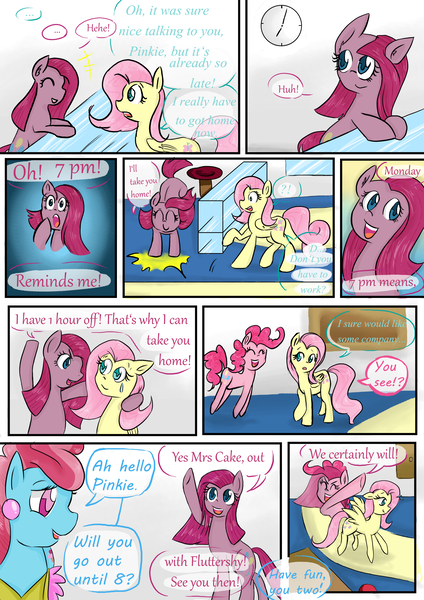 Size: 2480x3508 | Tagged: artist:drhikari, clock, comic, comic:dealing with depression, cup cake, fluttershy, pinkamena diane pie, pinkie pie, safe