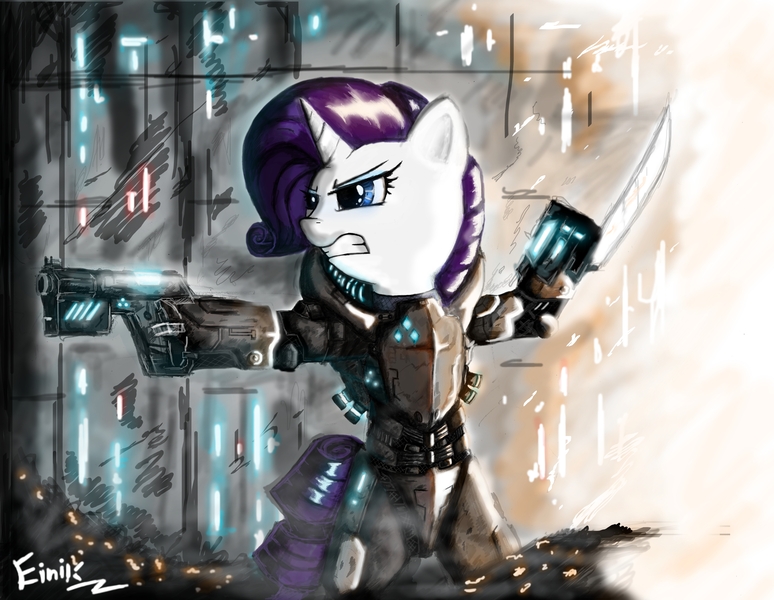 Size: 4096x3176 | Tagged: safe, artist:einik, derpibooru import, rarity, pony, bipedal, gun, solo