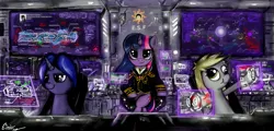 Size: 5068x2432 | Tagged: safe, artist:einik, derpibooru import, derpy hooves, twilight sparkle, oc, pegasus, pony, :t, bedroom eyes, clothes, female, hologram, looking at you, mare, screen, sitting, smiling, smirk, spaceship, uniform