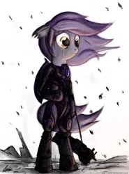 Size: 3564x4812 | Tagged: safe, artist:einik, derpibooru import, oc, unofficial characters only, bat pony, pony, bipedal, crying, gun, solo