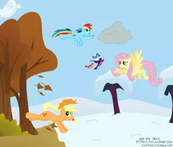 Size: 500x423 | Tagged: applebucking, applejack, artist:neighthirst, autumn, bird, derpibooru import, fluttershy, rainbow dash, safe, snow