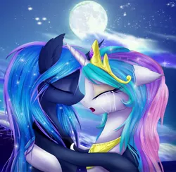 Size: 4600x4500 | Tagged: safe, artist:magnaluna, derpibooru import, princess celestia, princess luna, alicorn, pony, abstract background, absurd resolution, crying, eyes closed, female, hug, mare, moon, night, night sky, sisters, stars