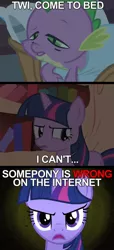 Size: 500x1100 | Tagged: basket, bed, blanket, book, caption, comic, derpibooru import, edit, edited screencap, image macro, internet, library, meme, pillow, safe, screencap, sleepy, spike, twilight sparkle, unhappy, wrong, xkcd