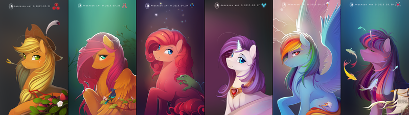 Size: 9120x2560 | Tagged: safe, artist:antiander, derpibooru import, applejack, fluttershy, pinkie pie, rainbow dash, rarity, twilight sparkle, twilight sparkle (alicorn), alicorn, pony, absurd resolution, collage, cutie mark, elements of harmony, female, mane six, mare, wallpaper, widescreen