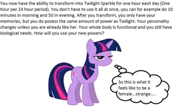 Size: 957x593 | Tagged: bronybait, derpibooru import, human to pony, meme, meta, rule 63, safe, simple background, solo, text, transformation, transgender transformation, twilight sparkle, vector, what do, white background