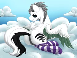 Size: 4000x3000 | Tagged: safe, artist:nothingspecialx9, derpibooru import, oc, oc:kaouk, unofficial characters only, pegasus, pony, butt, clothes, cloud, cloudy, colored wings, colored wingtips, featureless crotch, raised tail, socks, solo, striped socks, wingboner, wings