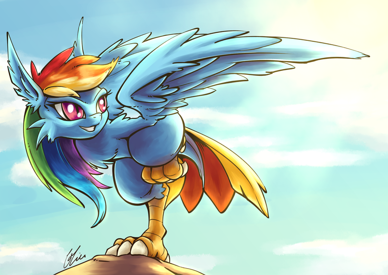 Size: 2046x1447 | Tagged: artist:lovelyneckbeard, derpibooru import, harpy, harpydash, monster girl, monster mare, part of a set, rainbow dash, safe, solo, species swap, tail feathers