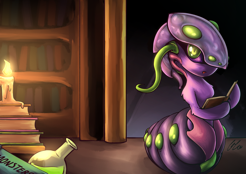 Size: 2046x1447 | Tagged: adoracreepy, artist:lovelyneckbeard, book, bookworm, candle, creepy, cute, dead source, derpibooru import, looking at you, monster girl, monster mare, :o, part of a set, potion, reading, safe, solo, species swap, twilight sparkle, twiworm, worm, worm pony