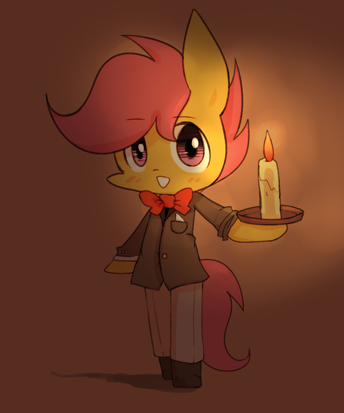 Size: 1000x1200 | Tagged: anthro, artist:joycall6, bowtie, candle, chibi, clothes, cute, cutealoo, derpibooru import, dress pants, fire, safe, scootaloo, solo, suit
