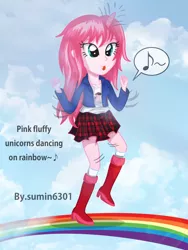 Size: 1800x2399 | Tagged: safe, artist:sumin6301, derpibooru import, oc, oc:fluffle puff, unofficial characters only, equestria girls, equestria girls-ified, pink fluffy unicorns dancing on rainbows, rainbow, raised leg, solo