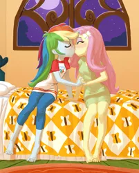 Size: 771x960 | Tagged: safe, artist:carnifex, derpibooru import, fluttershy, rainbow dash, equestria girls, barefoot, bed, bedroom, blushing, clothes, commission, dress, eyes closed, eyeshadow, feet, female, flutterdash, holding hands, kissing, lesbian, pajamas, shipping, sitting, toes, window