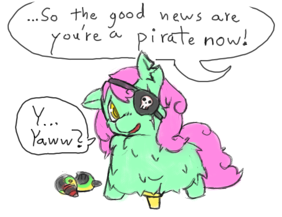 Size: 568x438 | Tagged: amputee, artist:squeakyfriend, cute, derpibooru import, eyepatch, fluffy pony, hugbox, looking at you, open mouth, parrot, peg leg, prosthetic leg, prosthetic limb, prosthetics, safe, scar, smiling, solo, you are a pirate