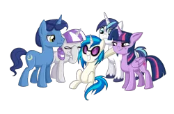 Size: 4176x2736 | Tagged: safe, artist:thecheeseburger, derpibooru import, night light, shining armor, twilight sparkle, twilight sparkle (alicorn), twilight velvet, vinyl scratch, alicorn, pony, :t, alternate universe, facehoof, female, frown, grin, mare, smiling, sparkle family, unamused