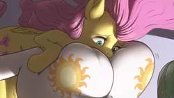 Size: 2800x1575 | Tagged: suggestive, artist:kevinsano, derpibooru import, edit, fluttershy, princess celestia, pegasus, pony, ass worship, butt pillow, cropped, facesitting, female, flutterlestia, flutterseat, large butt, lesbian, mare, plot, praise the sun, sunbutt, the ass was fat