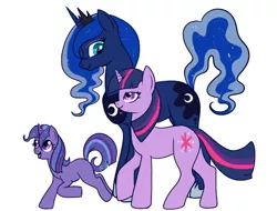 Size: 555x421 | Tagged: safe, artist:lulubell, derpibooru import, princess luna, twilight sparkle, oc, oc:moonlight eve, unicorn, family, female, lesbian, magical lesbian spawn, next generation, offspring, parent:princess luna, parent:twilight sparkle, parents:twiluna, shipping, simple background, twiluna, white background