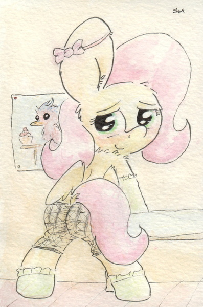 Size: 684x1034 | Tagged: suggestive, artist:slightlyshade, derpibooru import, fluttershy, blushing, bowtie, female, solo, solo female, traditional art