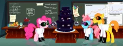 Size: 6000x2250 | Tagged: semi-grimdark, artist:magister39, derpibooru import, carrot cake, cup cake, orange frog, pinkie pie, earth pony, pony, fanfic:cupcakes, agents of shield, cake, chalkboard, clothes, cupcake, extradimensional, feather, female, food, goggles, hypercube, implied cupcakes, implied murder, lab coat, male, mare, smiling, space, stallion, tesseract, what has science done, xk-class end-of-the-world scenario