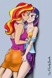 Size: 1280x1920 | Tagged: suggestive, artist:theflankbank, derpibooru import, sunset shimmer, twilight sparkle, equestria girls, blushing, breasts, butt grab, clothes, cutie mark underwear, female, frilly underwear, grope, hand on butt, humanized, lesbian, panties, purple underwear, shipping, sunsetsparkle, underwear, undressing, yellow underwear