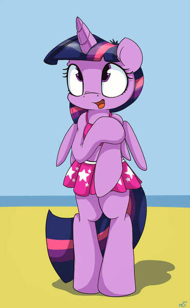 Size: 926x1500 | Tagged: safe, artist:mistydash, derpibooru import, twilight sparkle, twilight sparkle (alicorn), pony, semi-anthro, beach, bikini, bipedal, clothes, covering, cute, midriff, open mouth, skirt, solo, swimsuit, twiabetes