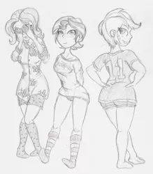 Size: 1462x1670 | Tagged: suggestive, artist:wryte, derpibooru import, applejack, fluttershy, sunset shimmer, equestria girls, adorasexy, alternate hairstyle, applebucking thighs, applebutt, blushing, booty shorts, clothes, cute, grayscale, humanized, jersey, monochrome, pajamas, panties, sexy, short hair, shorts, shy, socks, traditional art, underwear