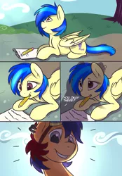 Size: 961x1384 | Tagged: safe, artist:meggchan, derpibooru import, oc, oc:electric spark, oc:silvia, unofficial characters only, pegasus, pony, unicorn, comic:spark of interest, comic, goggles, grin, looking at you, looking up, mouth hold, notepad, outdoors, paper, pencil, prone, shadow, silspark, smiling