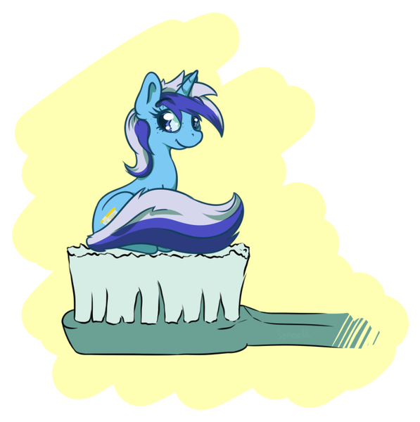 Size: 855x859 | Tagged: safe, artist:senaelik, derpibooru import, minuette, pony, unicorn, brushie, cute, female, happy, looking at you, looking back, mare, pun, sitting, smiling, solo, toothbrush