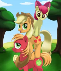 Size: 1800x2070 | Tagged: safe, artist:irregular-entity, derpibooru import, apple bloom, applejack, big macintosh, earth pony, pony, apple siblings, male, stack, stallion