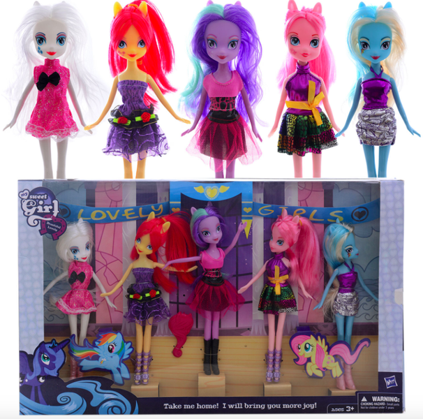 Size: 712x705 | Tagged: safe, derpibooru import, applejack, fluttershy, pinkie pie, princess luna, rainbow dash, rarity, trixie, twilight sparkle, equestria girls, bootleg, my sweet girl, s1 luna, toy