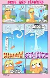 Size: 792x1224 | Tagged: applejack, artist:henbe, birth, bungee jumping, cloud, comic, crying, derpibooru import, dialogue, foal, freckles, offscreen character, open mouth, outdoors, rainbow dash, safe, sitting, smiling, speech bubble, stunned, umbilical cord, what has been seen