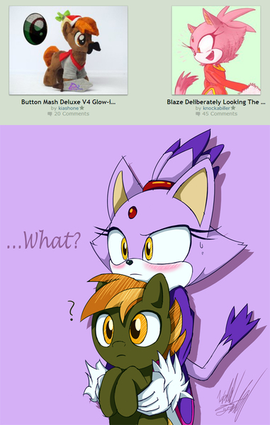 Size: 762x1200 | Tagged: artist:fuzon-s, artist:kiashone, blaze the cat, blushing, buttonbetes, button mash, confused, crossover, cute, derpibooru import, deviantart, dialogue, doodle, embarrassed, hatless, holding, irl, juxtaposition, missing accessory, photo, plushie, question mark, safe, simple background, sonic the hedgehog (series), sweatdrop