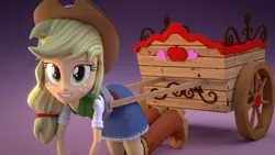 Size: 1920x1080 | Tagged: safe, artist:creatorofpony, artist:shipisloveshipislife, derpibooru import, applejack, equestria girls, 3d, 3d model, apple cart, blender, boots, cart, clothes, cowboy boots, cowboy hat, cowgirl, cycles, denim skirt, grin, hat, high heel boots, humans doing horse things, kneeling, looking at you, shoes, skirt, smiling, stetson, wallpaper, who's a silly human