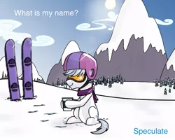 Size: 723x578 | Tagged: safe, artist:kill joy, derpibooru import, double diamond, pony, the cutie map, clothes, comments, goggles, helmet, hot chocolate, male, mountain, scarf, skis, snow, solo, stallion