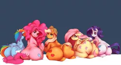 Size: 1280x695 | Tagged: suggestive, artist:sundown, derpibooru import, applejack, fluttershy, pinkie pie, rainbow dash, rarity, earth pony, pegasus, pony, unicorn, applebutt, balloonbutt, chubby, dock, female, females only, flutterbutt, freckles, hat, looking back, plot, plotline, prone, rainbutt dash, rearity, the ass was fat, wide hips