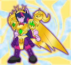 Size: 1043x950 | Tagged: safe, artist:combatkaiser, derpibooru import, edit, sunset shimmer, trixie, twilight sparkle, twilight sparkle (alicorn), anthro, unicorn, armor, counterparts, crossover, liu bei, magical trio, mechanized, recolor, romance of the three kingdoms, sangokuden, sd gundam, twilight's counterparts