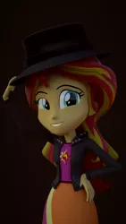 Size: 1080x1920 | Tagged: safe, artist:3d thread, artist:creatorofpony, derpibooru import, sunset shimmer, equestria girls, /mlp/, 3d, 3d model, blender, clothes, fedora, hat, jacket, meme, shirt, skirt, smiling, solo, tips fedora