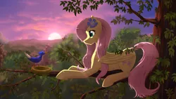 Size: 2500x1406 | Tagged: artist:twotail813, bird, derpibooru import, fluttershy, rcf community, safe, solo, sunset