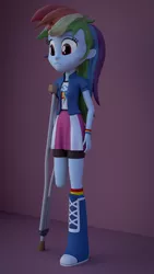 Size: 1080x1920 | Tagged: safe, artist:3d thread, artist:creatorofpony, derpibooru import, rainbow dash, equestria girls, /mlp/, 3d, 3d model, amputee, blender, boot, clothes, compression shorts, crutches, frown, sad, shirt, shorts, skirt, solo