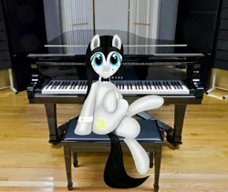 Size: 3900x3290 | Tagged: artist:thepianistmare, black hair, crossed legs, derpibooru import, irl, oc, oc:klavinova, photo, piano, ponies in real life, pose, safe, smiling, unofficial characters only