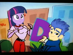 Size: 500x375 | Tagged: suggestive, derpibooru import, flash sentry, twilight sparkle, twilight sparkle (alicorn), equestria girls, breasts, exploitable meme, flash sentry savior of the universe, johnny bravo, meme, the d