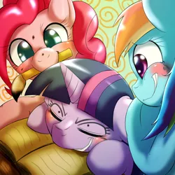 Size: 1000x1000 | Tagged: artist:ushiro no kukan, cute, derpibooru import, diapinkes, face doodle, laughing, pinkie pie, prank, rainbow dash, safe, sleeping, twilight sparkle