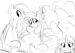 Size: 1280x918 | Tagged: safe, artist:dotkwa, derpibooru import, fluttershy, pinkie pie, rainbow dash, twilight sparkle, twilight sparkle (alicorn), alicorn, pony, female, mare, monochrome, plot, sandwich, sketch, sketch dump, tongue out